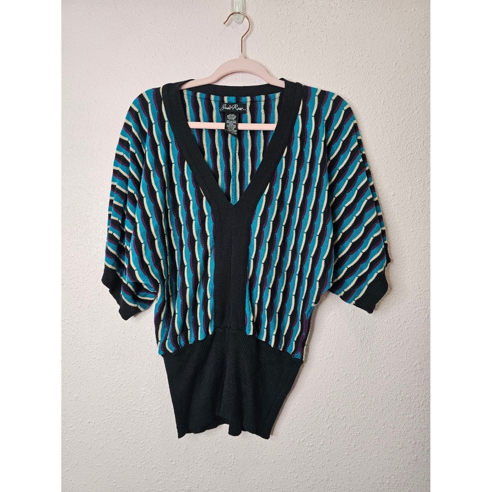 Susie Rose Womens XXL V-Neck Dolman Knit Top Black Teal Wave Vintage 90s Retro